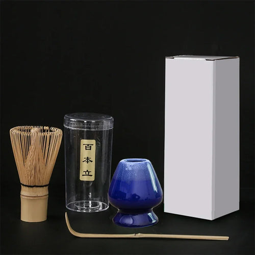 Blue Matcha Tool Set | Bamboo Whisk, Tea Scoop, and Holder - 3 Pc