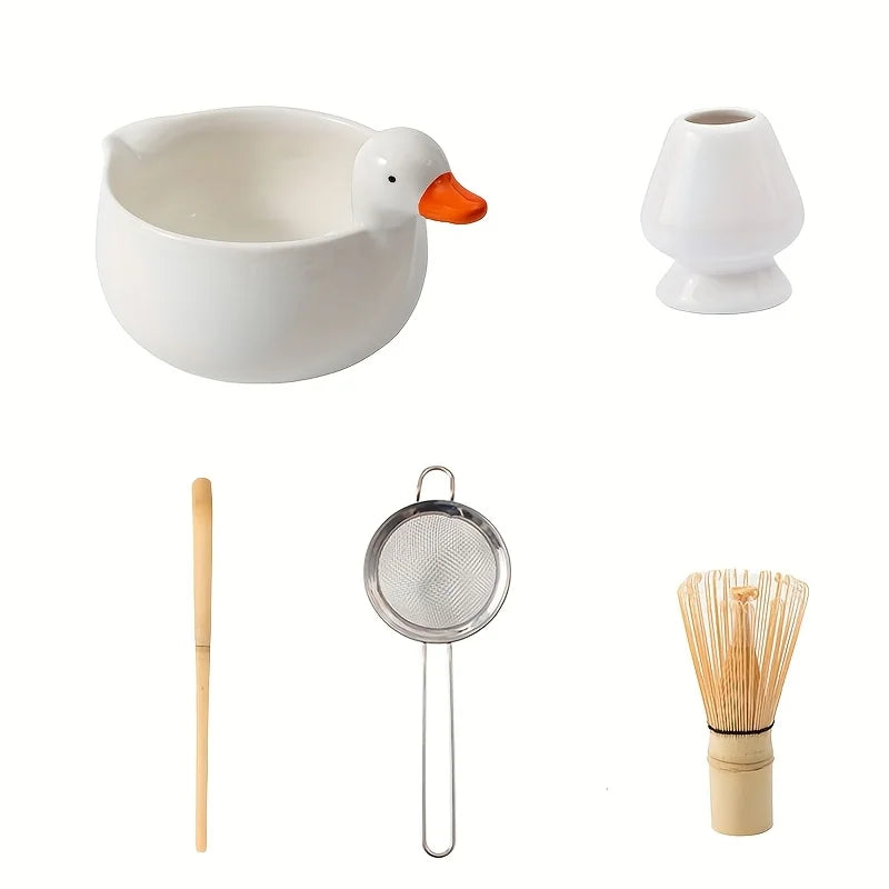 Duck Matcha Tea Set | Cute Animal Chawan Whisk Holder Ceramic - 5 Pc