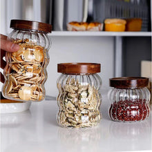 Load image into Gallery viewer, Wavy Glass Spice Jars with Wood Lid | Sealed Storage for Tea Coffee - 1 Pc