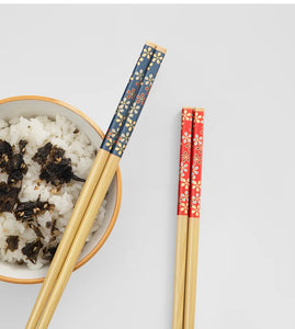 Blue Red Chopsticks Set | Natural Bamboo Japanese Flower -  5/10 Pairs