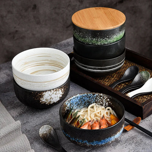 Black Japanese Bowls with Lid | Instant Ramen Donburi Ceramic Bowl - 1 Pc