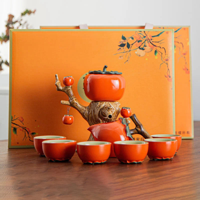 Persimmon Chinese Kung Fu Tea Gift Set | Luxury Ceramic Pot Cup - 8 Pc