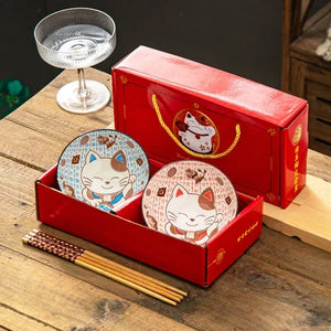 Lucky Cat Japanese Bowls and Wood Chopsticks Set with Gift Box- 2/4/6 Pairs