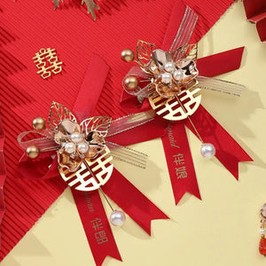 Red Boutonniere Pins | Chinese Wedding Decorative Corsage - 2 Pc Set