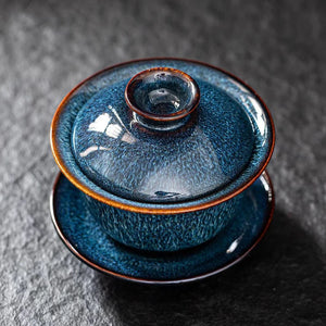 Exquisite Blue Glaze Gaiwan | Textured Steeping Tea Cup with Lid and Saucer - 1 Set