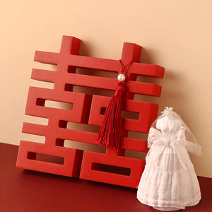 Wooden Wedding Sign | Chinese Double Happiness Table Decor Supplies - 1 Pc