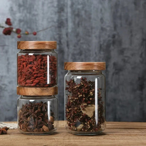 Glass Spice Jars with Dark Wood Lid | Sealed Tea Canister - 1pc