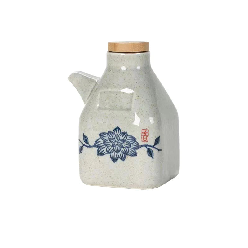 Asian Ceramic Soy Sauce Bottle and Dispenser | Painted Oil Bottles and Liquid Storage Container for Kitchen - 1 Pc