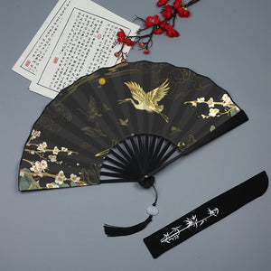 Gold Crane Bird Chinese Hand Fans | Folding Fan Silk Cloth - 1 Pc