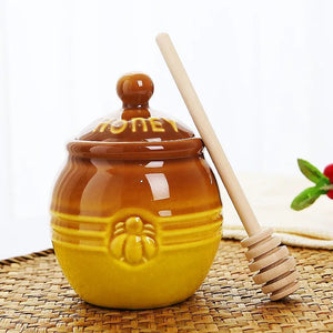 Cute Winnie Honey Jar with Dipper | Ceramic Container with Wooden Stick - 1 Pc