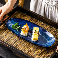 Load image into Gallery viewer, Rounded Blue Japanese Sushi Plates | Ceramic Glaze Rectangular Serving Trays - 1 Pc