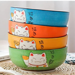 Colorful Lucky Cat Japanese Bowls | Round Donburi Ramen Ceramic Bowl - 1 Pc