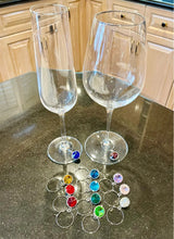 Load image into Gallery viewer, Birthstone Colorful Gem Wine Charms | Silver Glass Markers - 12 Pc Set