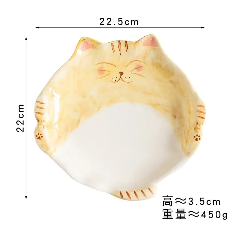 Cute Fat Cat Plates | Round Ceramic Japanese Kitty Plate - 1 Pc