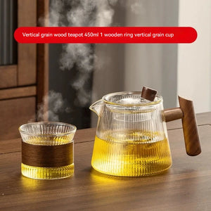 Glass Teapot with Spout and Wooden Handle | Matching Cup - 1 Set