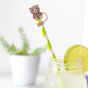 Cute Brown Bear Straw Toppers | Silicone Cover Tumblr Cap - 1 Pc