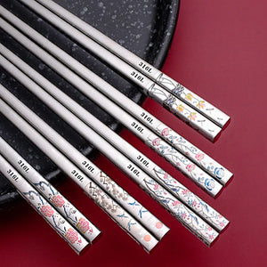 Floral Metal Chopsticks | Chinese Korean Titanium-Plated Stainless Steel - 1 Pc