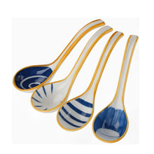 Load image into Gallery viewer, Blue &amp; White Japanese Ceramic Yellow Asian Soup Spoons - 4 Pc Set