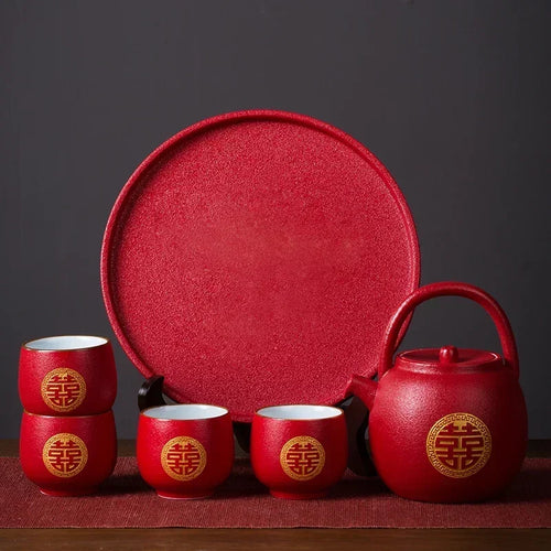 Red Chinese Wedding Tea Set with Tray | Traditional Ceramic Double Happiness Ceremony Tea Pot and Cups