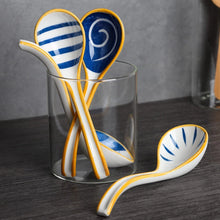 Load image into Gallery viewer, Blue &amp; White Japanese Ceramic Yellow Asian Soup Spoons - 4 Pc Set