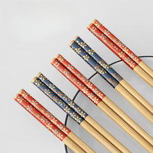 Load image into Gallery viewer, Blue Red Chopsticks Set | Natural Bamboo Japanese Flower -  5/10 Pairs