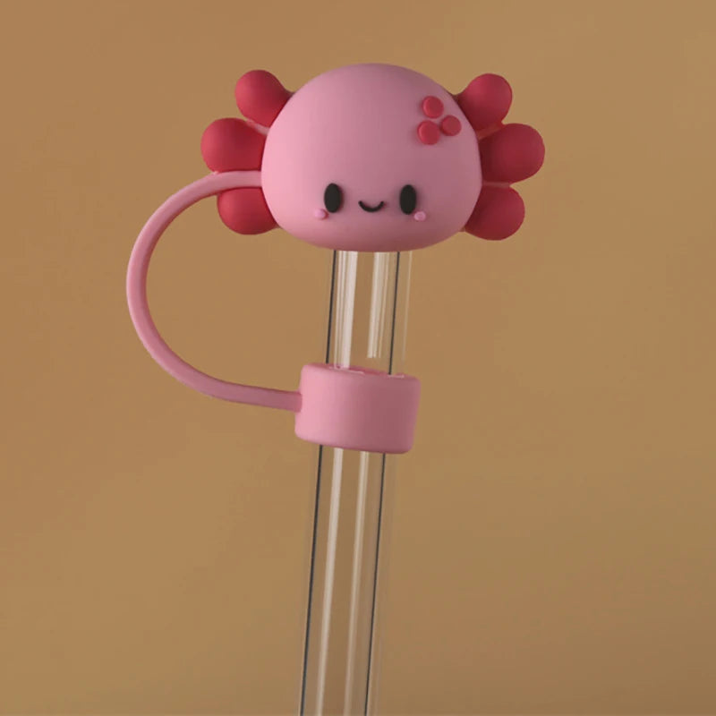 Pink Axolotl Straw Toppers | Salamander Silicone Cup Covers - 1 Pc