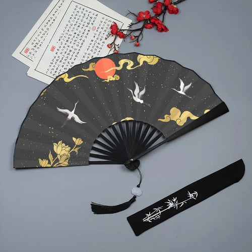 Black & Gold Crane Chinese Hand Fans | Folding Fan Silk Cloth - 1 Pc