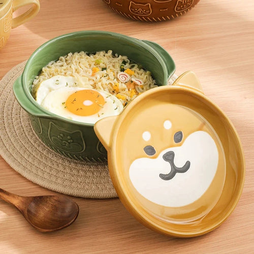 Cute Shiba Inu Ramen Bowl | Japanese Dog Ceramic with Lid Plate - 1 Set