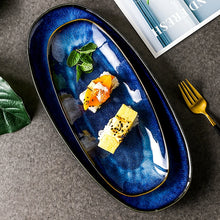 Load image into Gallery viewer, Rounded Blue Japanese Sushi Plates | Ceramic Glaze Rectangular Serving Trays - 1 Pc