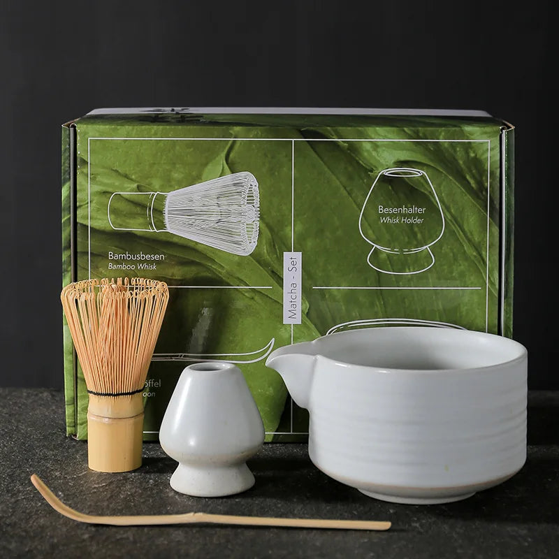 White Matcha Set with Spout | Japanese Tea Gift Set with Whisk and Scoop - 4 Pc