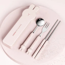 Load image into Gallery viewer, Cute Rabbit Stainless Steel Travel Utensil Set | Pink Metal Chopsticks Spoon Fork