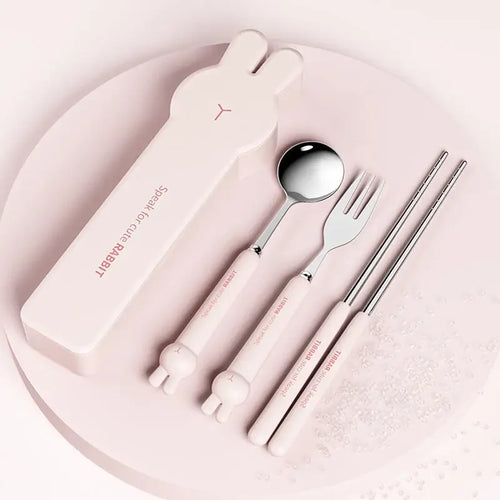 Cute Rabbit Stainless Steel Travel Utensil Set | Pink Metal Chopsticks Spoon Fork