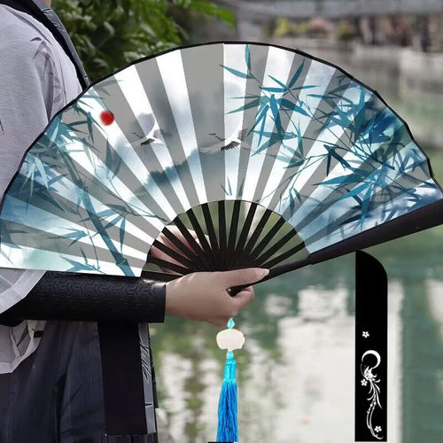 Blue Bamboo with Crane Hand Chinese Fan with Tassel and Case - 1 Pc