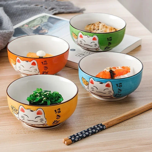 Colorful Lucky Cat Japanese Bowls | Round Donburi Ramen Ceramic Bowl - 1 Pc