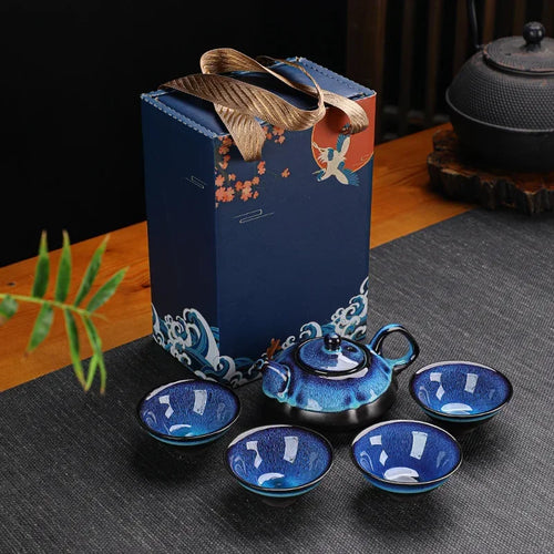 Ornate Deep Blue Ceramic Tea Pot and Cup Set | Kung Fu Teaware - 1 Set