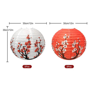 Red & White Cherry Blossom Flowers Paper Lanterns | Wedding Decor - 10 Pc