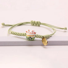 Load image into Gallery viewer, Green Lucky Cat Braided Bracelet | Adjustable Ceramic Kitty Jewelry with Gold Charm - 1 Pc