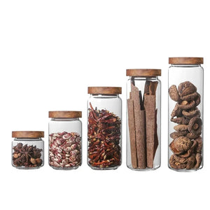 Glass Spice Jars with Dark Wood Lid | Sealed Tea Canister - 1pc