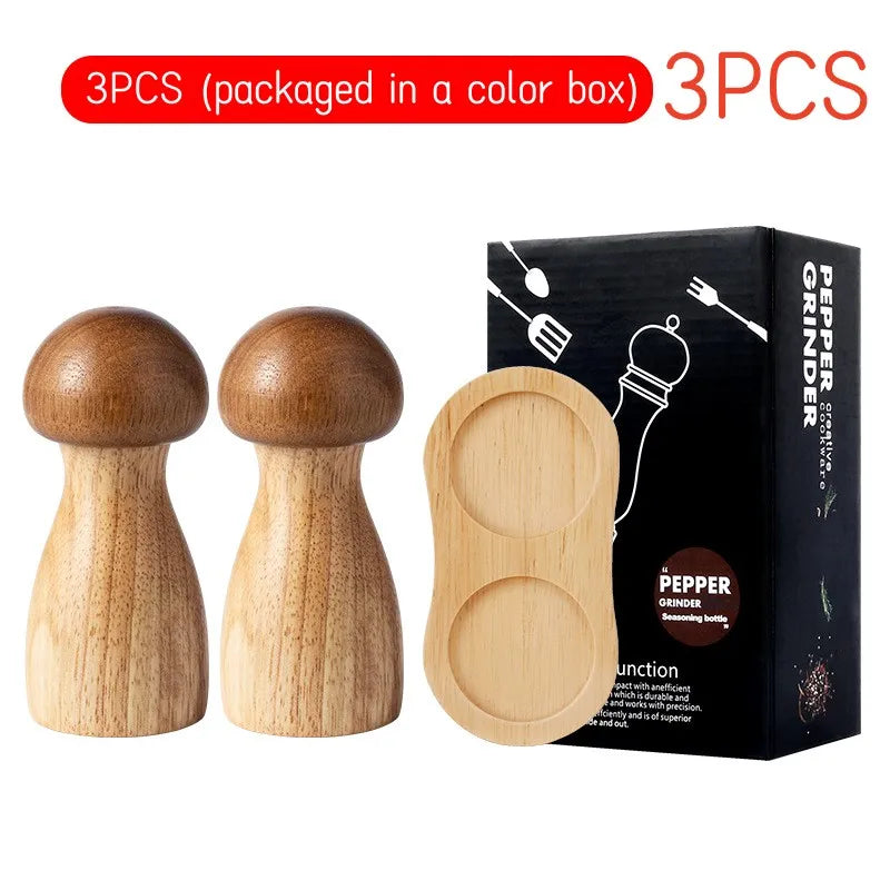 Cute Wooden Mushroom Pepper Grinder Mills Shakers with Tray - 3 Pc Set