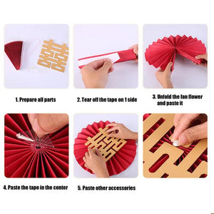 Red Hanging Paper Fan | Chinese Vietnamese Wedding Decor - 6 Pc