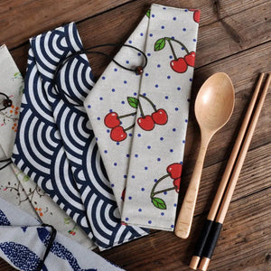 Japanese Portable Chopsticks & Spoon in Pouch | Travel Cotton Linen Fabric Bag - 1 Set