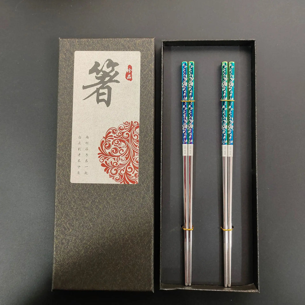 Unique Chrome Rainbow Korean Metal Chopsticks with Holder - 2/3/5 Pairs