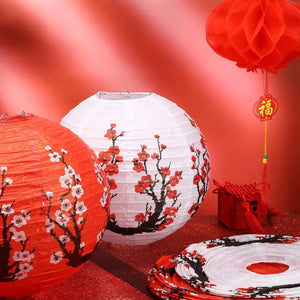 Red & White Cherry Blossom Flowers Paper Lanterns | Wedding Decor - 10 Pc