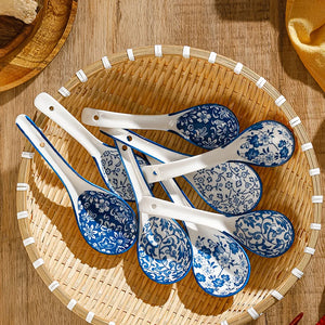 Blue & White Chinese Spoon Set | Porcelain Asian Soup Spoons - 4 Pc Set