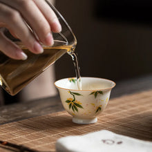 Load image into Gallery viewer, Floral Chinese Tea Cup | Hand Painted Ceramic Lotus Osmanthus Persimmon - 1 Pc