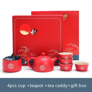 Chinese Wedding Red Ceramic Tea Set | Red Vietnamese Ceremony Porcelain Pot Cup