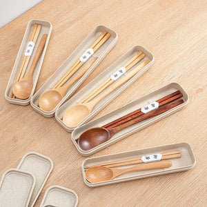 Brown Wooden Spoon and Chopsticks Portable Travel Set with Case