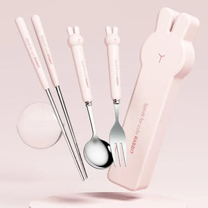 Cute Rabbit Stainless Steel Travel Utensil Set | Pink Metal Chopsticks Spoon Fork