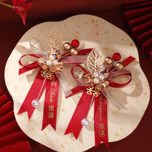 Red Boutonniere Pins | Chinese Wedding Decorative Corsage - 2 Pc Set