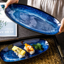 Load image into Gallery viewer, Rounded Blue Japanese Sushi Plates | Ceramic Glaze Rectangular Serving Trays - 1 Pc